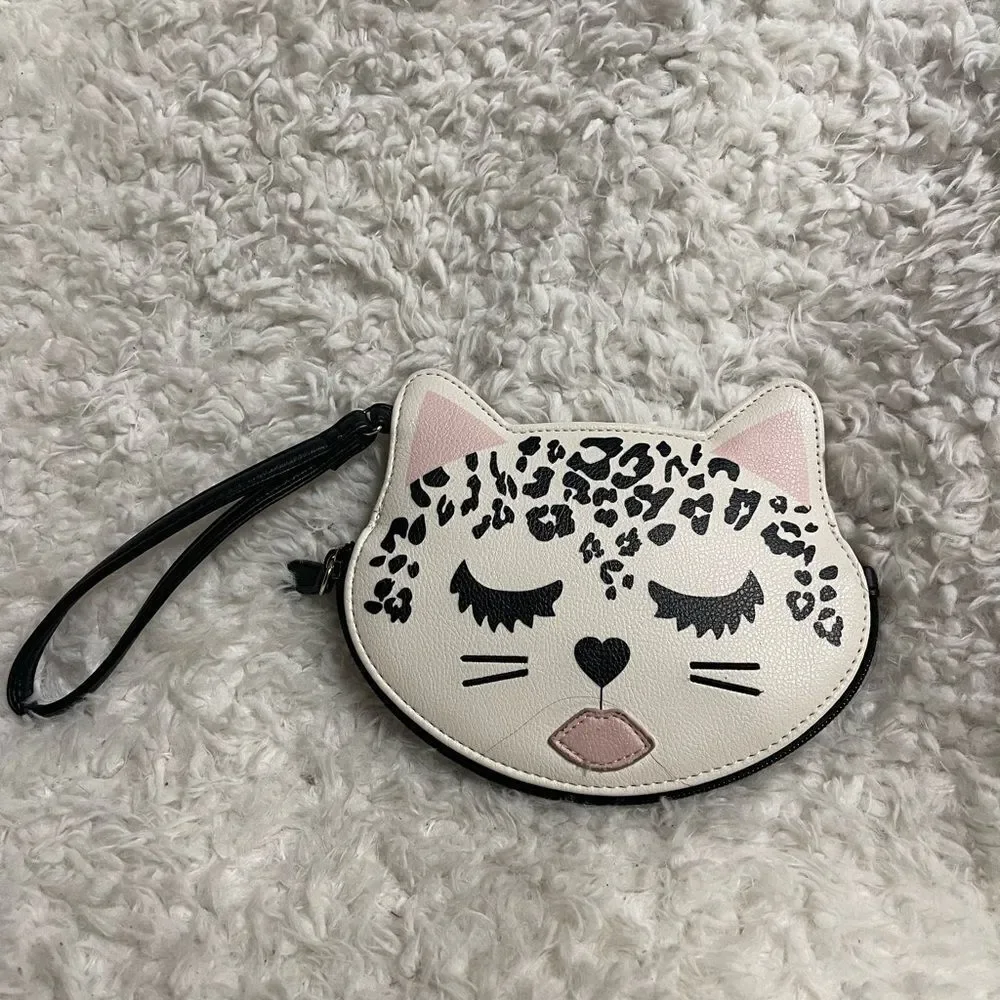 Betsey Johnson Cat Face leopard print Wristlet white,pink and black.